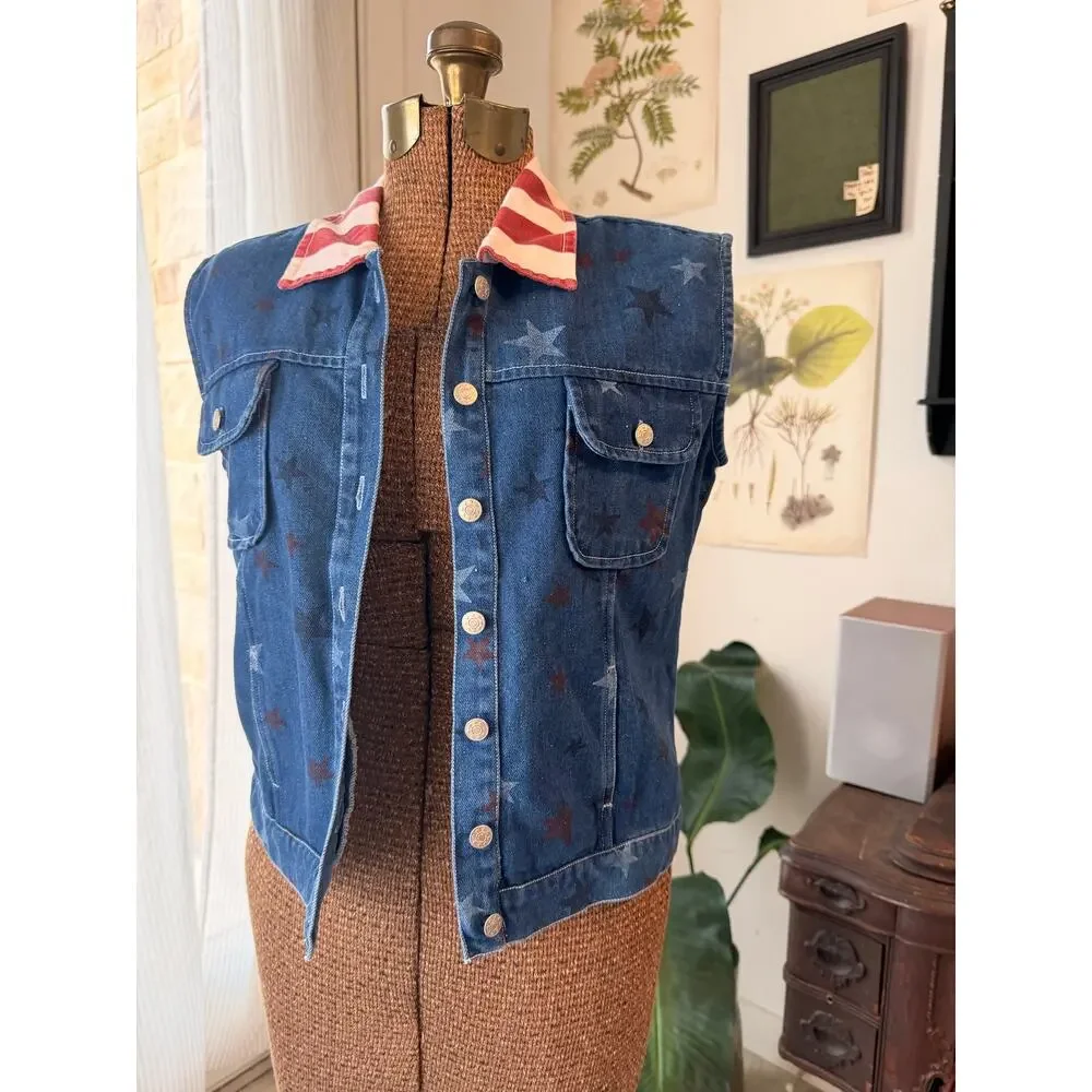 Vintage Americana Denim Vest Small Flag Collar Star Print Western USA Patriotic - Picture 1 of 8